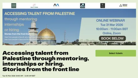 Eventbrite banner for the Business Declares webinar 'Accessing talent from Palestine through mentoring, internships or hiring. Stories from the front line', held online on Tuesday 31 March 2026, 10:00–11:00 BST. The banner shows the Dome of the Rock in Jerusalem behind partner logos for Business Leaders for Peace, Gaza Sky Geeks, MENA Alliances, ToU, Banfield Forge, and Business Declares.
