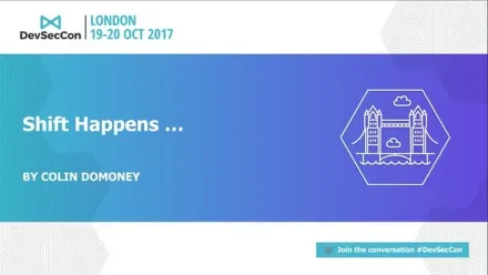 Title slide for the DevSecCon London 2017 talk 'Shift Happens...' by Colin Domoney. The slide carries the DevSecCon London 19-20 Oct 2017 logo at the top, the talk title and speaker name on a blue gradient background, and a line illustration of Tower Bridge inside a hexagon on the right, with a 'Join the conversation #DevSecCon' tag bottom right.