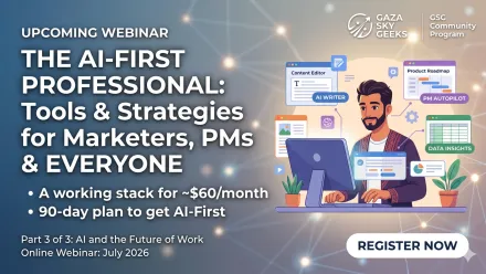 Marketing card for the Gaza Sky Geeks webinar 'The AI-First Professional: Tools and Strategies for Marketers, PMs and Everyone'. Part 3 of 3 in the AI and the Future of Work series, July 2026. The card shows an illustrated bearded man in a patterned cardigan working at a desktop computer surrounded by floating UI panels labelled AI Writer, Content Editor, Product Roadmap, PM Autopilot, and Data Insights, against a navy and beige background with a glowing network pattern.