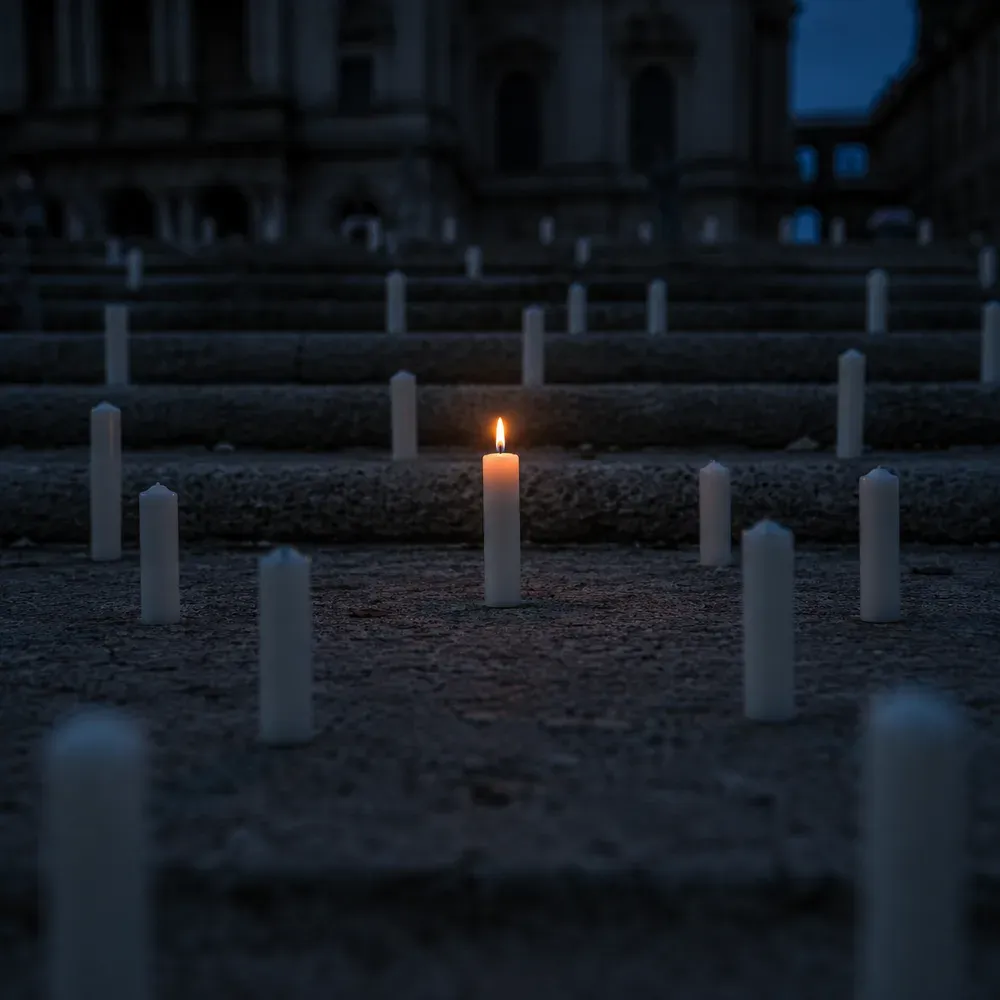 A single lit candle among many unlit candles on stone steps outside a large building at dusk.