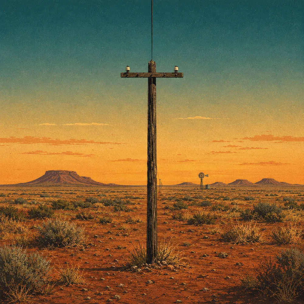 Illustration of a weathered wooden telegraph pole standing centred in a flat Karoo landscape, a single wire rising from its crossarm, with scrubby veld, a distant flat-topped koppie and a windpomp on the horizon under an amber sky fading to teal.