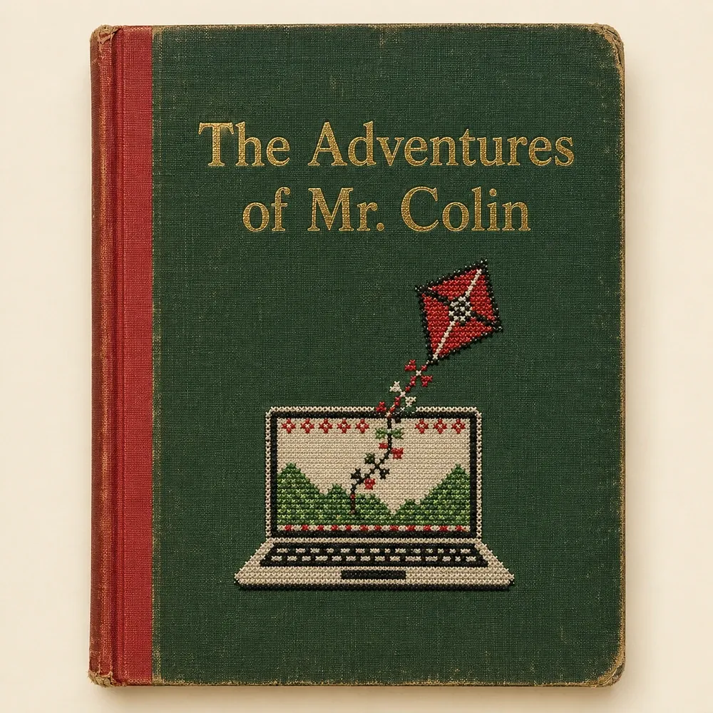 A worn vintage green hardback book with a red spine, gold lettering reading The Adventures of Mr. Colin, and a cross-stitched laptop with a red kite flying from its screen.
