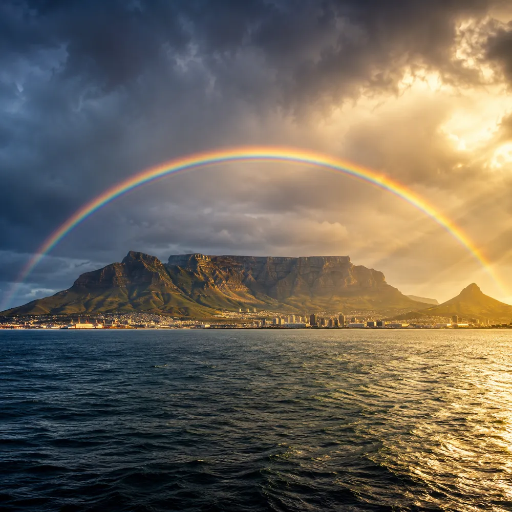 Table Mountain seen across Table Bay at sunset, with a full rainbow arcing over the mountain, storm clouds above, and Cape Town's waterfront and Lion's Head lit gold beneath it.