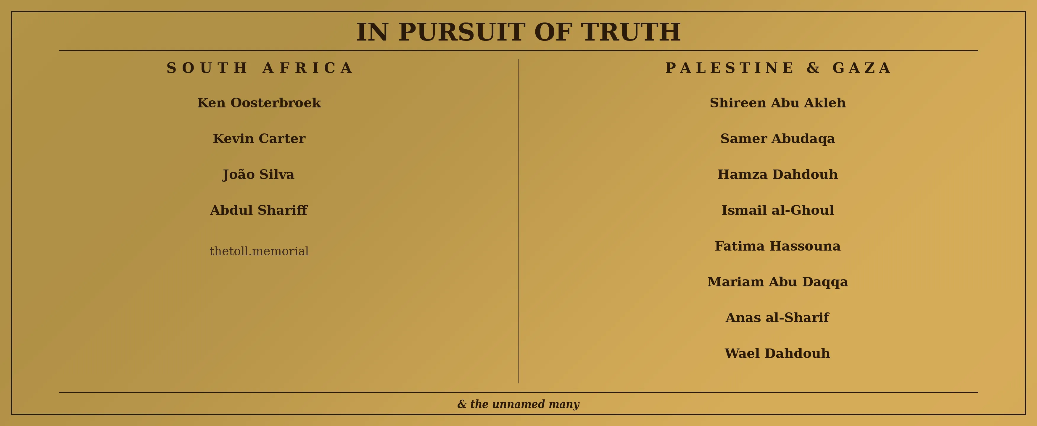 A brass memorial plaque titled In Pursuit of Truth, listing journalists from South Africa and from Palestine and Gaza who were killed in the course of their work